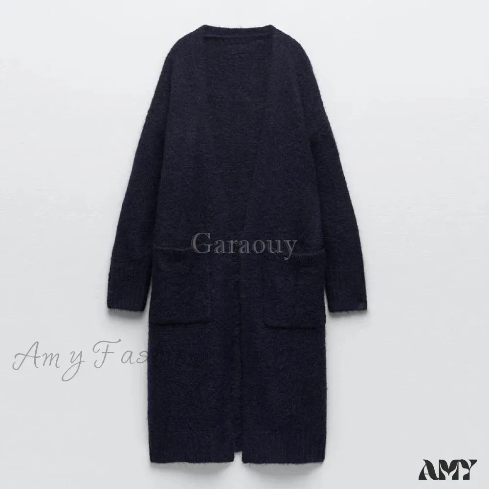 Amy Fashion - V Neck Knit Long Cardigan Coat Female Soft Sweaters