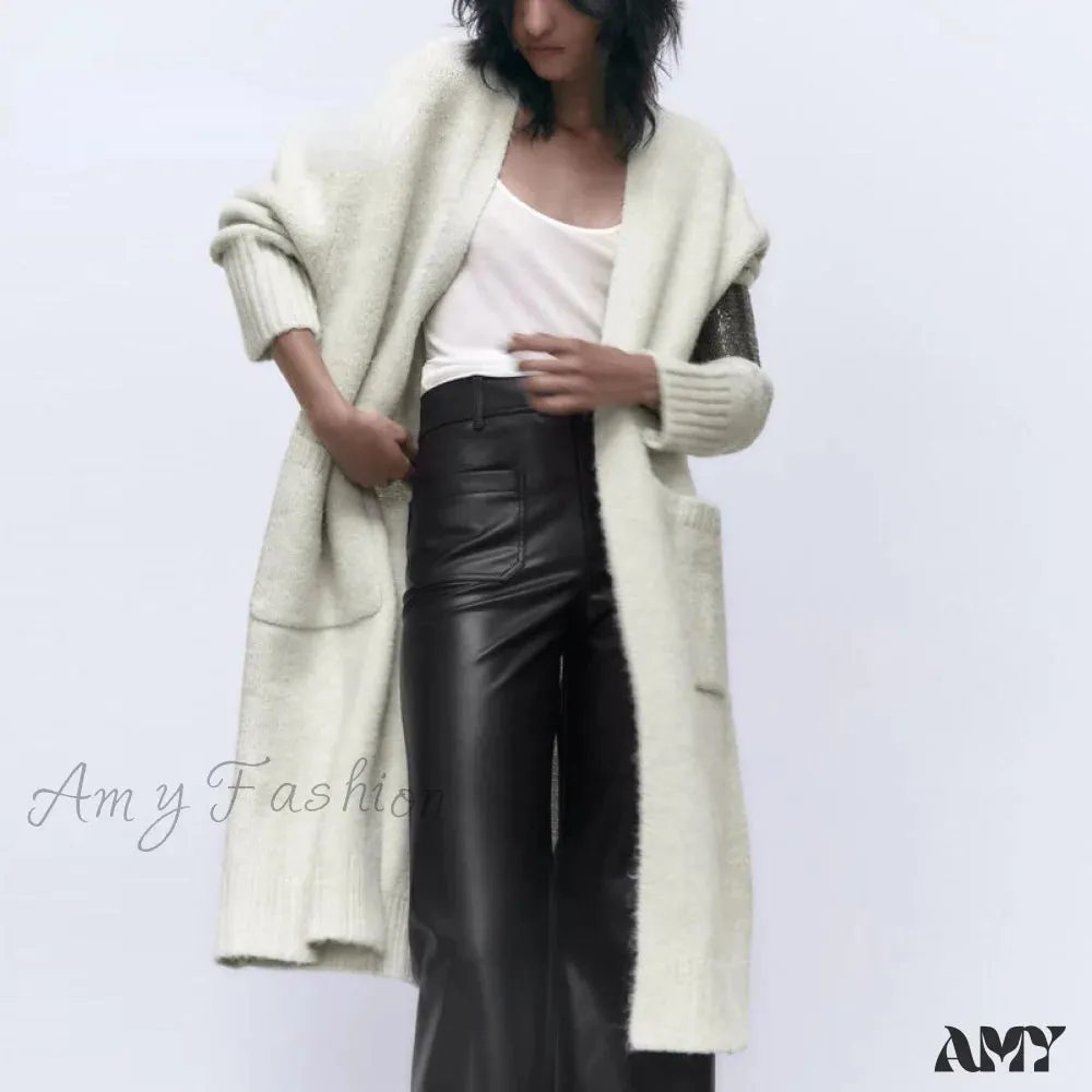 Amy Fashion - V Neck Knit Long Cardigan Coat Female Soft Sweaters