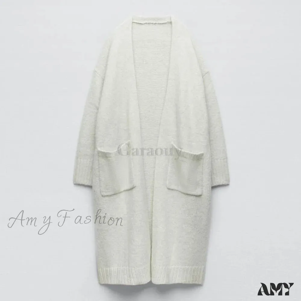 Amy Fashion - V Neck Knit Long Cardigan Coat Female Soft Sweaters