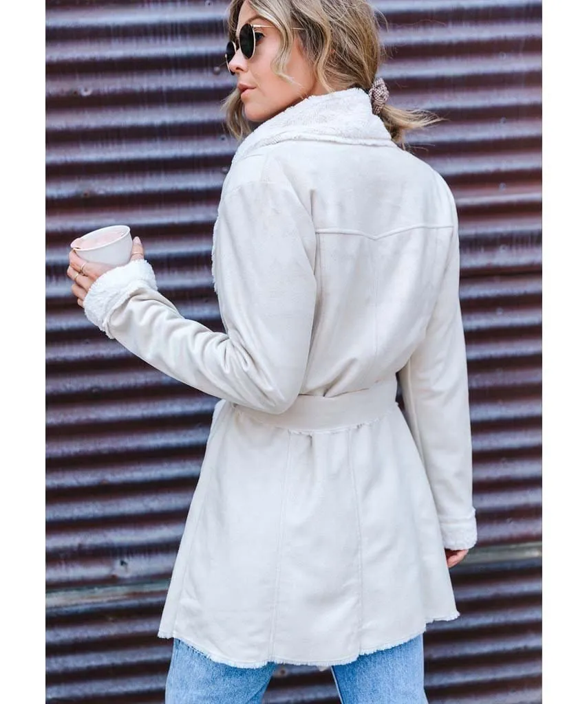 Aspen Faux Shearling Belted Coat Winter White