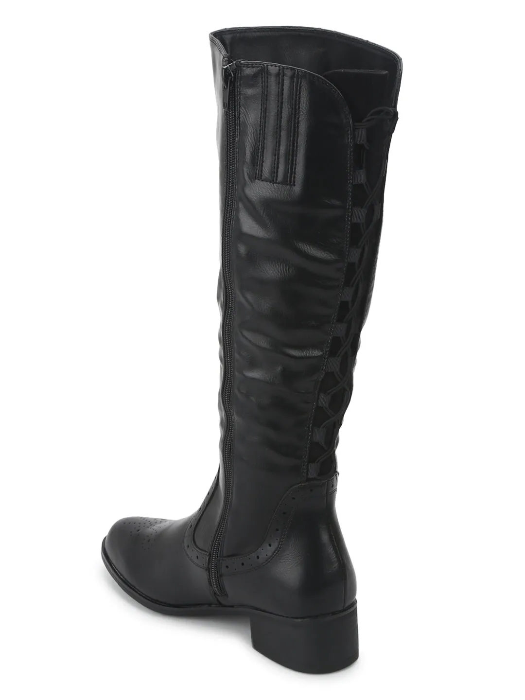 Black PU Back Lace Calf Length Boots