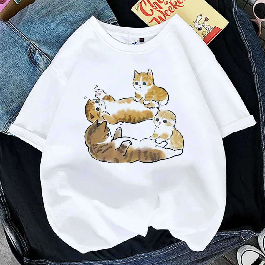 Charming Cat Print T-Shirts