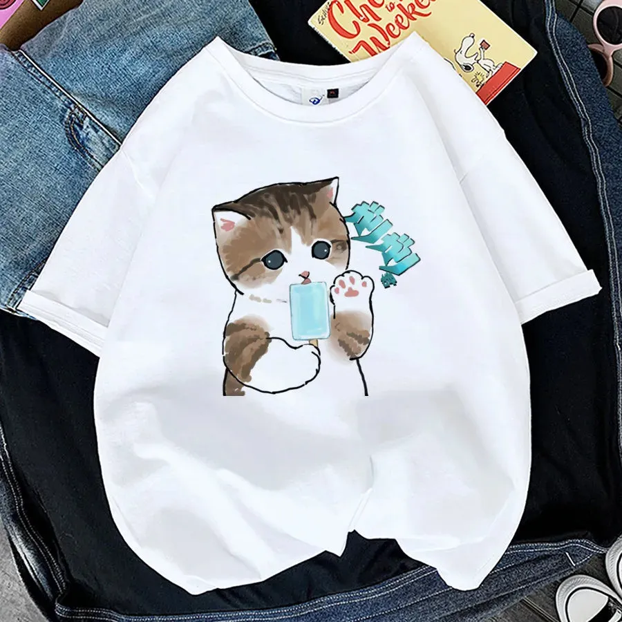 Charming Cat Print T-Shirts