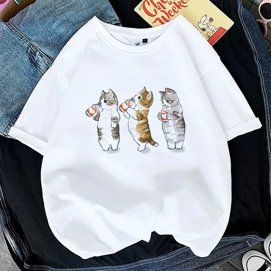 Charming Cat Print T-Shirts