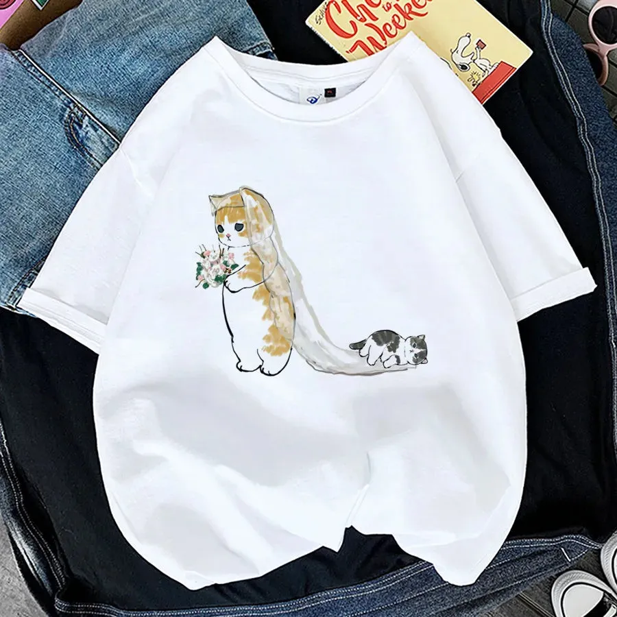 Charming Cat Print T-Shirts