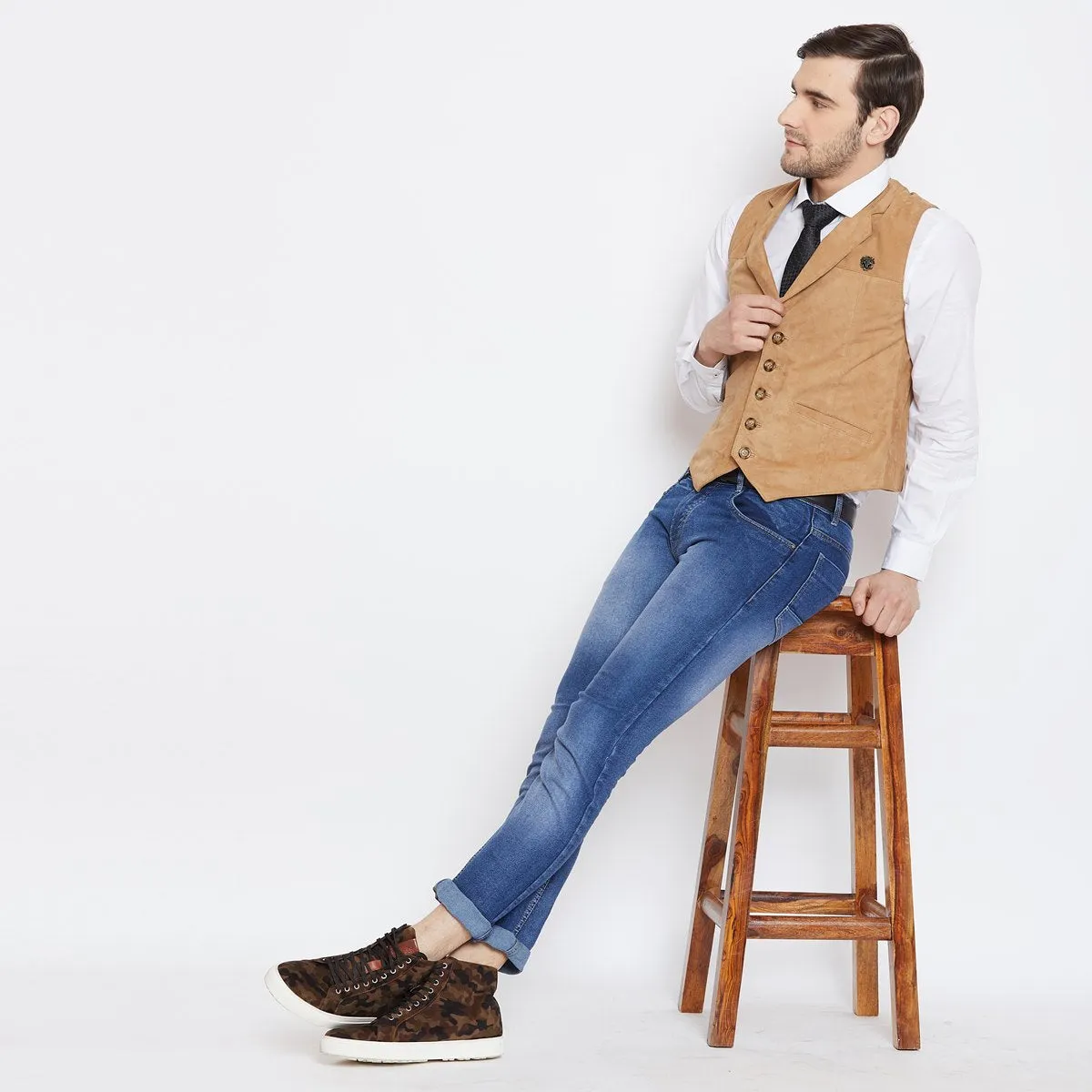 Cowboy Look Vest in Camel Suede Leather