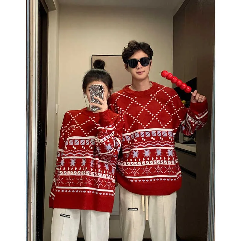 Cozy Christmas Couple Outfit Red Knitted Sweaters for Autumn, Winter, and New Year's Celebrations