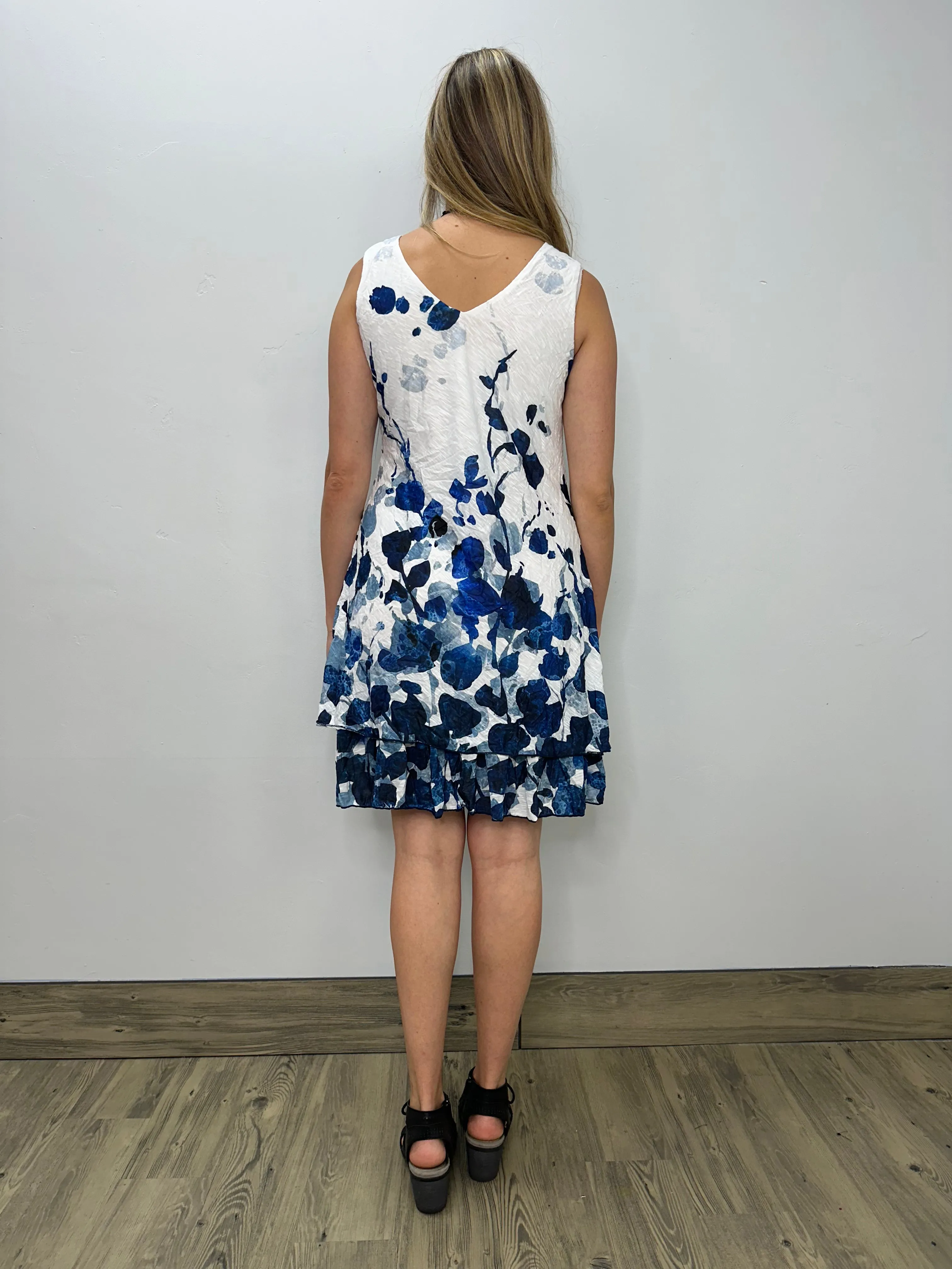 Crinkle Blue and White Sleeveless Tiered Dress