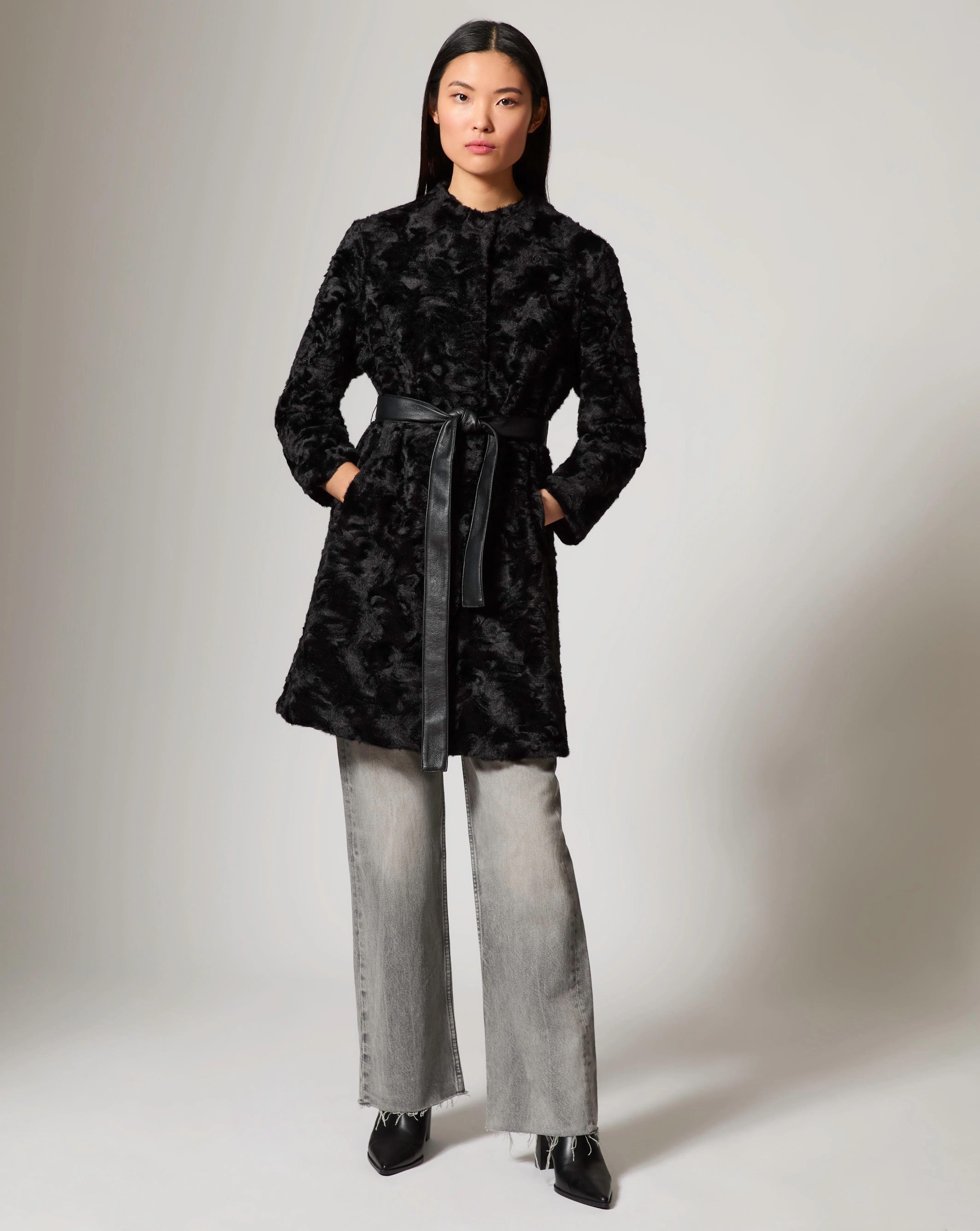 Grace Faux Persian Lamb & Faux Leather Coat