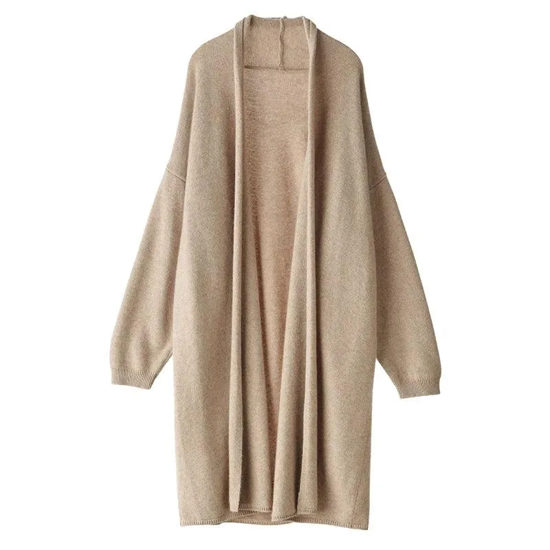 Hot Sale Autumn/Winter 100% Cashmere Cardigan – Women€™s Long, Loose-Fit Solid Color Soft Knitted Sweater, Large Size