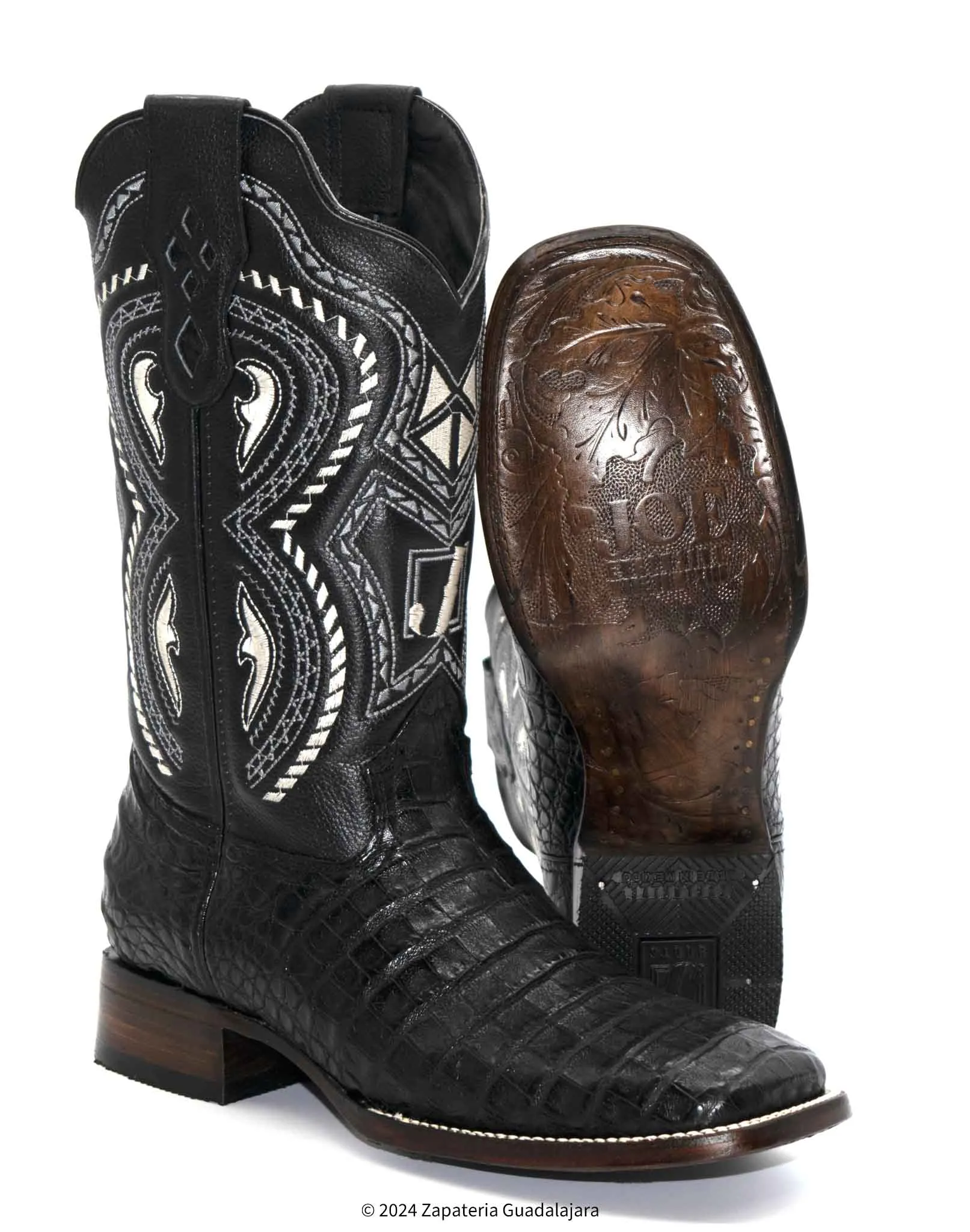 JB706 MEN WIDE SQUARE TOE CAIMAN BELLY BLACK BOOT