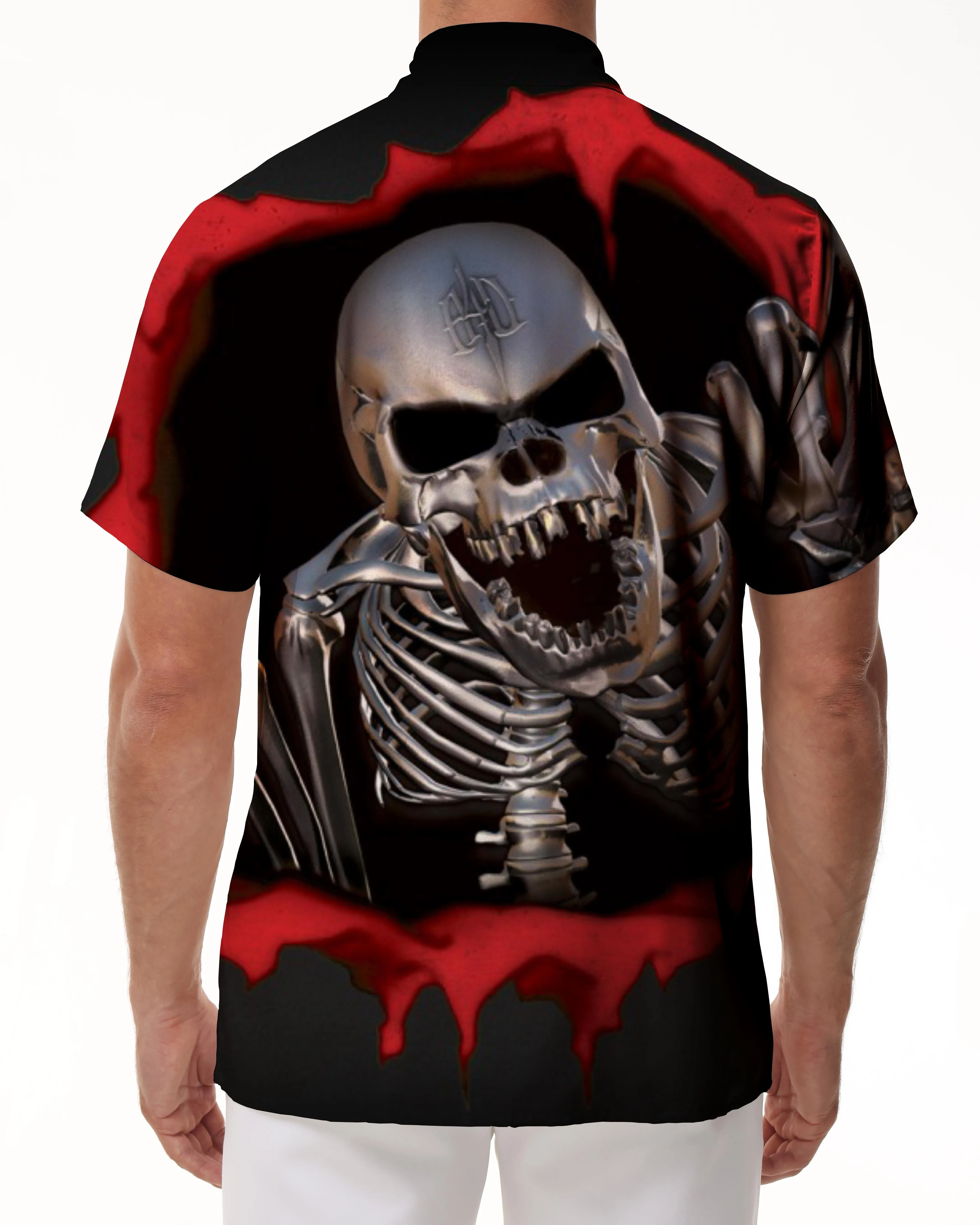 Loose Hawaiian men's button personality 3D print black hell skull king shirt short sleeve clothing