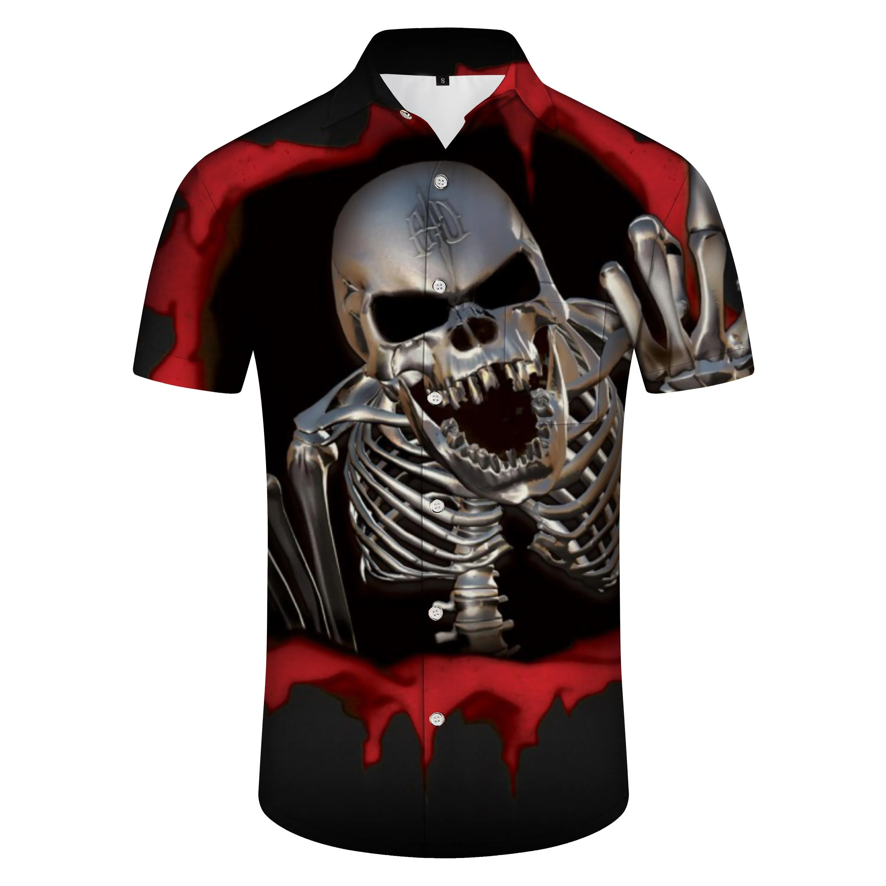 Loose Hawaiian men's button personality 3D print black hell skull king shirt short sleeve clothing