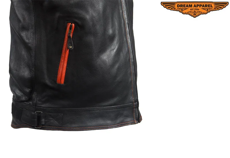 Mens Black & Orange Leather Vest