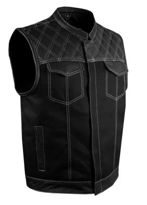 Mens Black Vest Diamond Design leather over denim white stitching