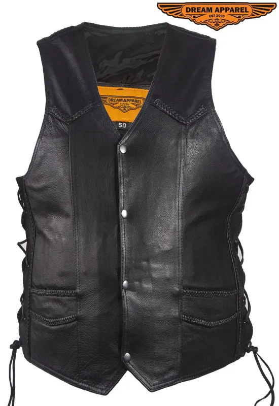 Men's Leather Vest With Braid