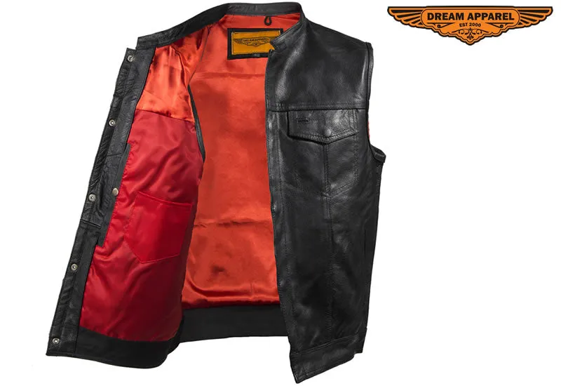 Mens Motorcycle Club Leather Vest With Red Liner & Gun Pocket