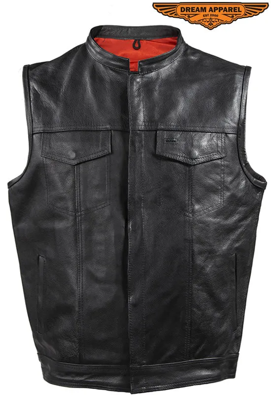 Mens Motorcycle Club Leather Vest With Red Liner & Gun Pocket