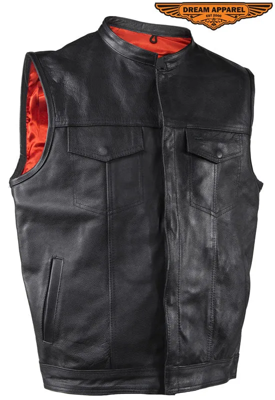 Mens Motorcycle Club Leather Vest With Red Liner & Gun Pocket