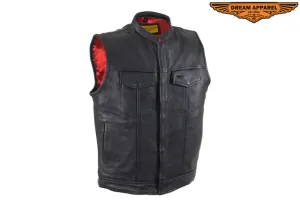 Mens Motorcycle Leather Club Vest With Red Liner