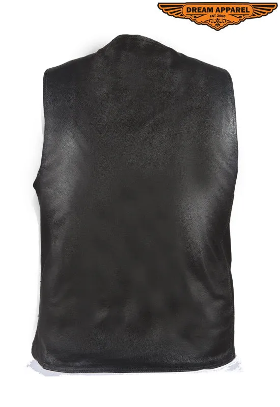 Mens Plain Black Leather Vest with Conceal Carry Gun Pockets