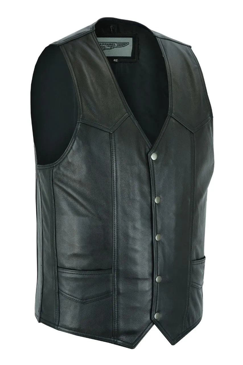 Mens Plain Black Leather Vest with Conceal Carry Gun Pockets