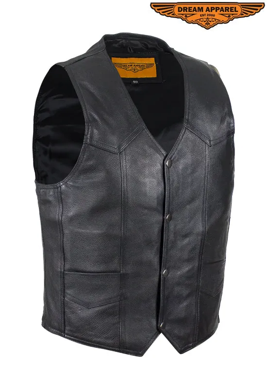 Mens Plain Black Leather Vest with Conceal Carry Gun Pockets