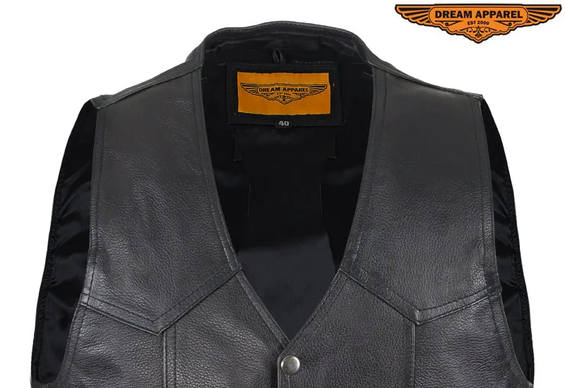 Mens Plain Black Leather Vest with Conceal Carry Gun Pockets