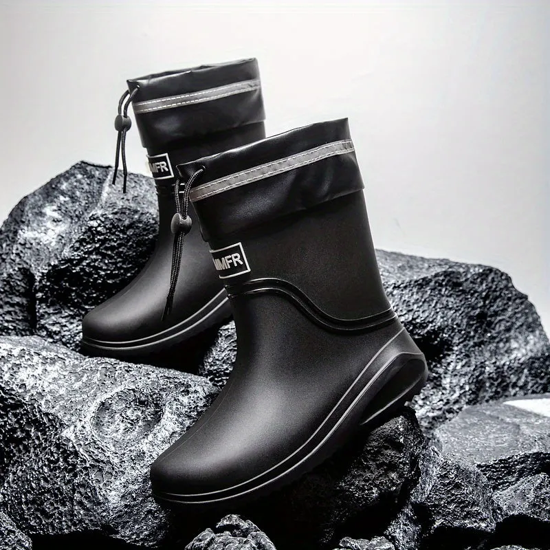 Men's Stylish Waterproof Rain Boots - Slip-Resistant, Mid-Calf with Elastic Closure, Durable PVC Material