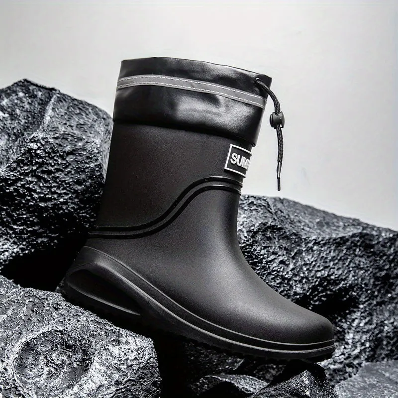 Men's Stylish Waterproof Rain Boots - Slip-Resistant, Mid-Calf with Elastic Closure, Durable PVC Material