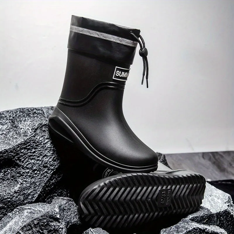 Men's Stylish Waterproof Rain Boots - Slip-Resistant, Mid-Calf with Elastic Closure, Durable PVC Material