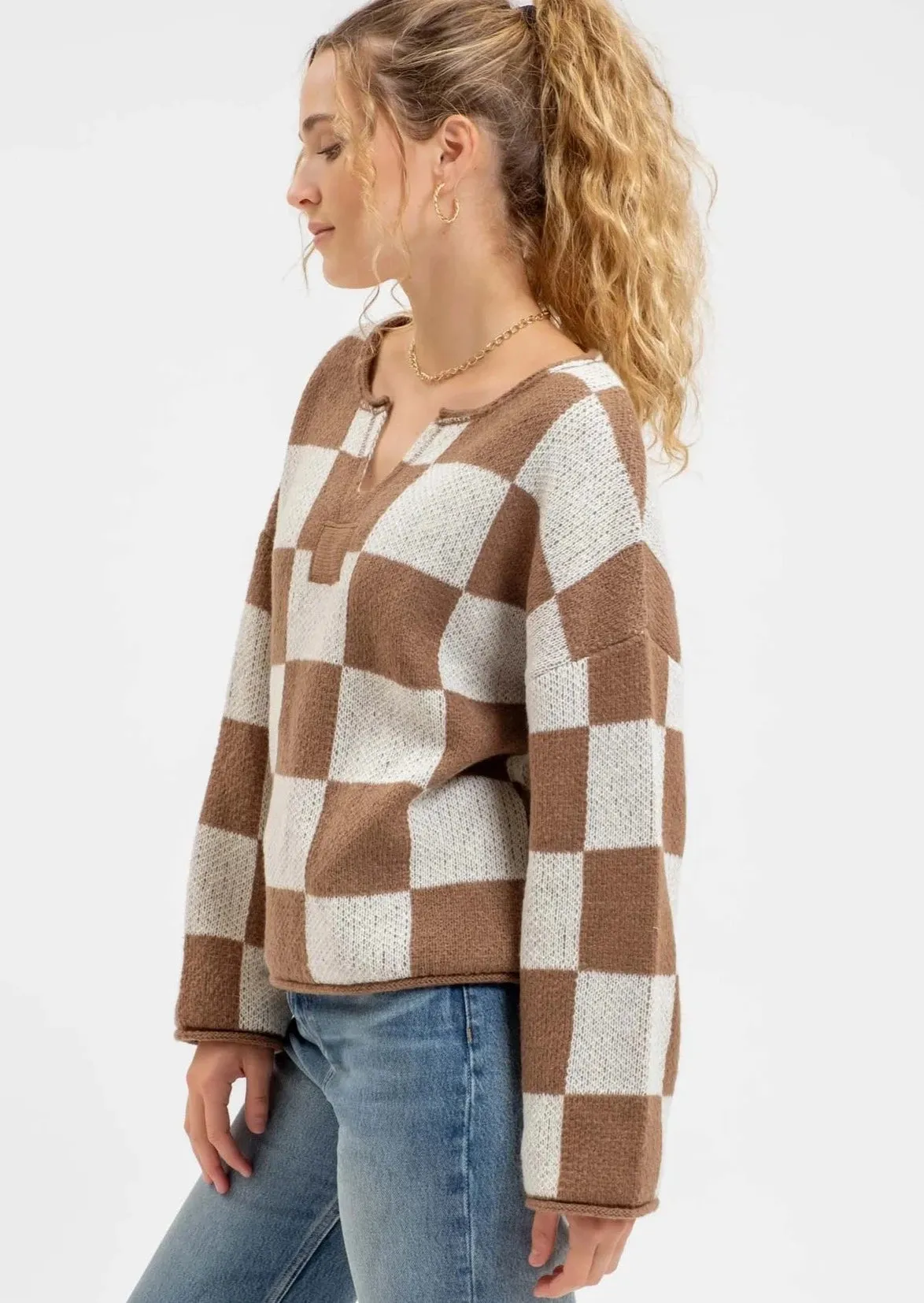 Mocha Checkered Split Neck Pullover - FINAL SALE