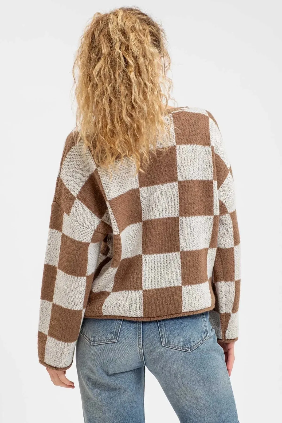 Mocha Checkered Split Neck Pullover - FINAL SALE