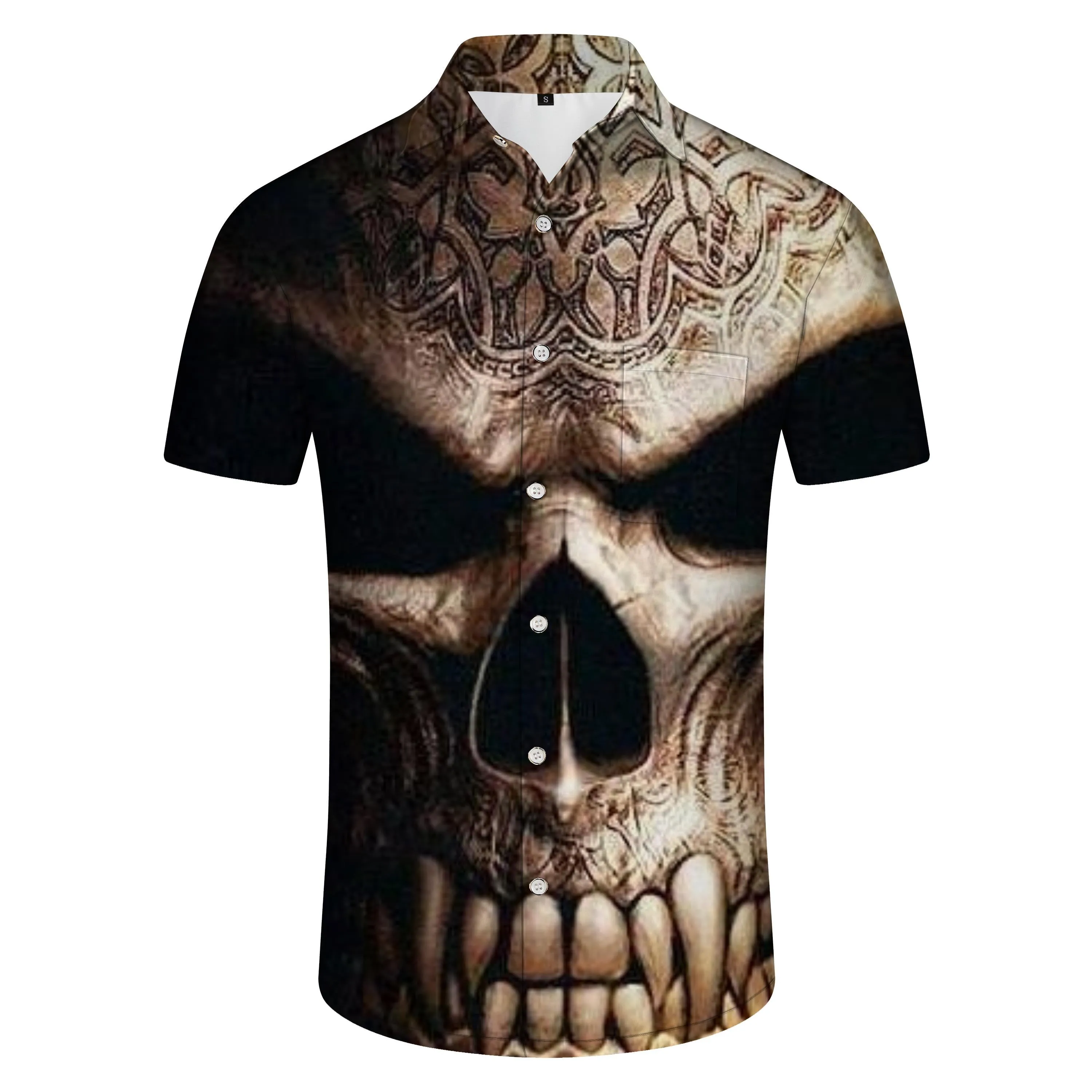 New men's casual Hawaiian button shirt 3D print abstract crazy skull shirt short sleeve