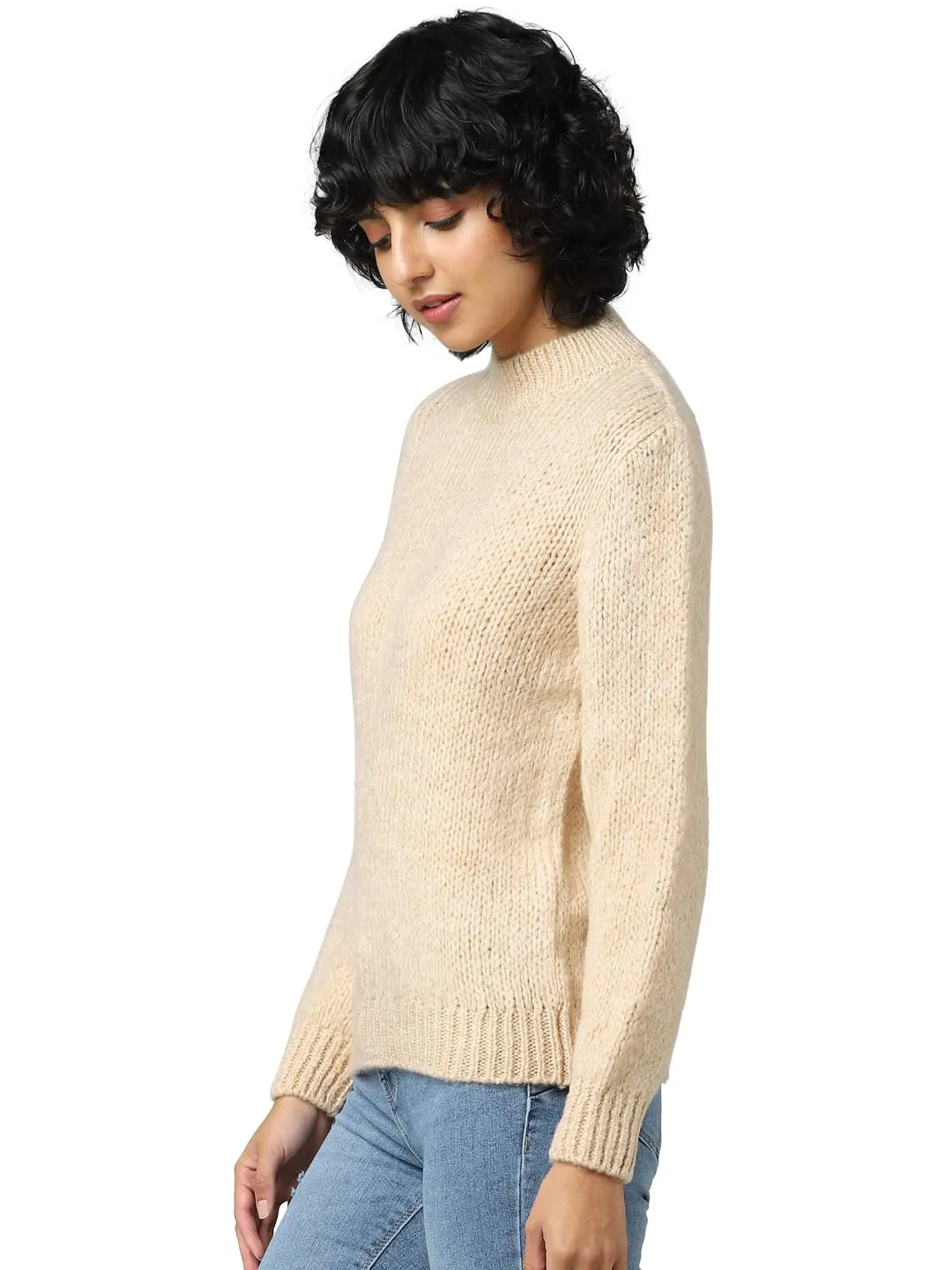 Only Women's Acrylic Blend Pullover Sweater (15271463-Tapioca_High-Neck_M) Beige