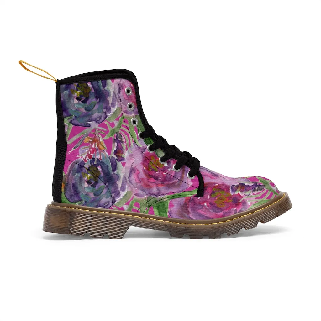 Pink Floral Rose Women's Boots, Flower Print Hiking Combat Laced-Up Winter Boots For Ladies