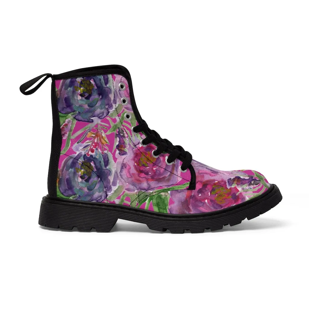 Pink Floral Rose Women's Boots, Flower Print Hiking Combat Laced-Up Winter Boots For Ladies