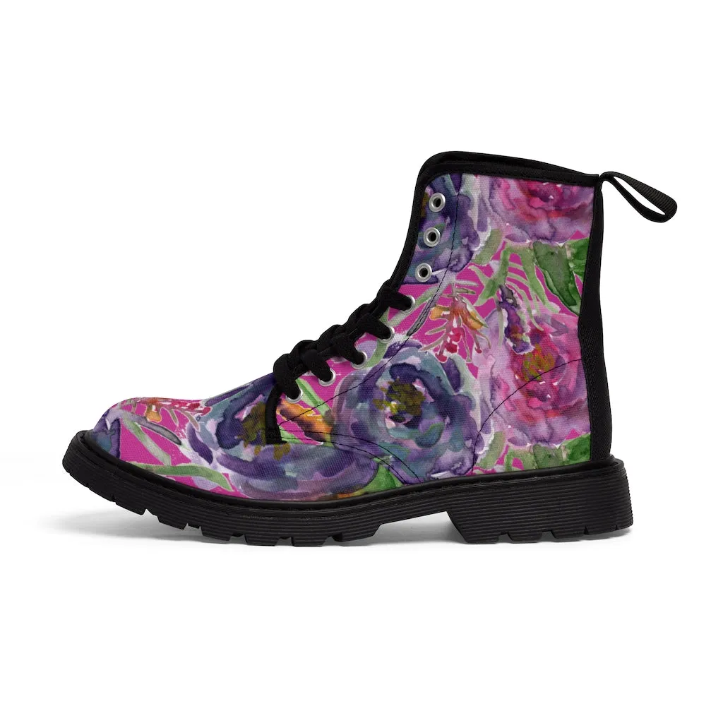 Pink Floral Rose Women's Boots, Flower Print Hiking Combat Laced-Up Winter Boots For Ladies