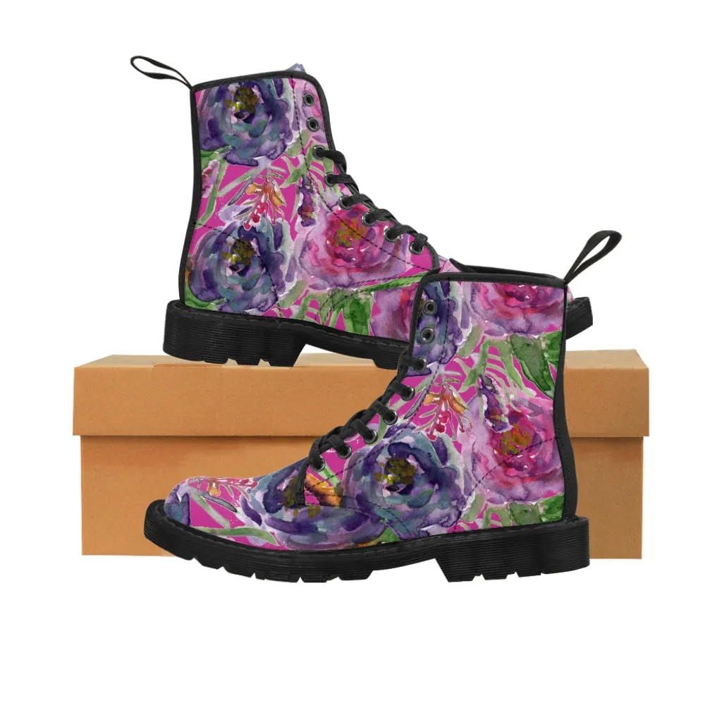 Pink Floral Rose Women's Boots, Flower Print Hiking Combat Laced-Up Winter Boots For Ladies