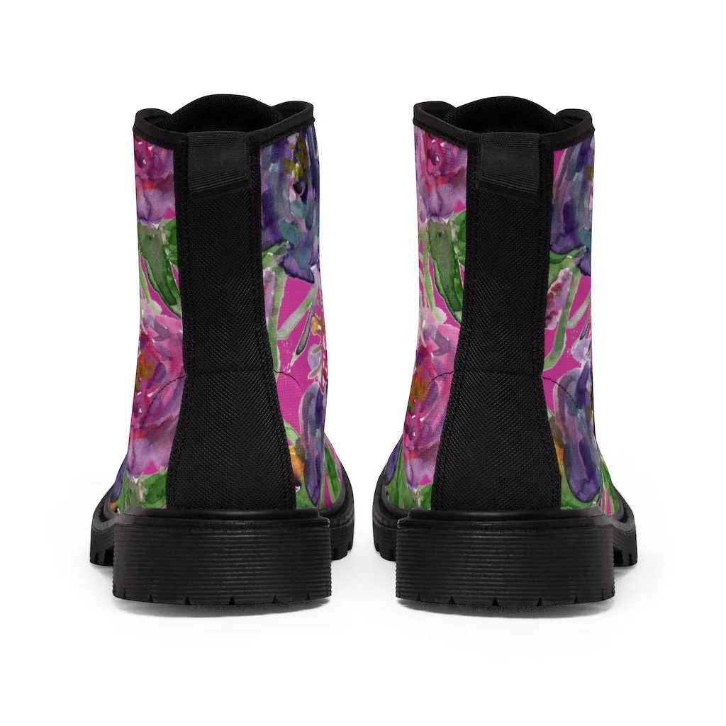 Pink Floral Rose Women's Boots, Flower Print Hiking Combat Laced-Up Winter Boots For Ladies