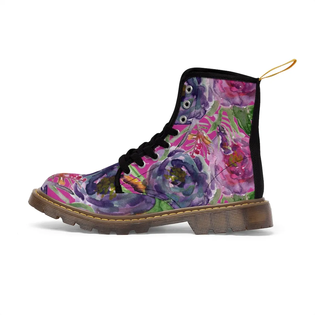 Pink Floral Rose Women's Boots, Flower Print Hiking Combat Laced-Up Winter Boots For Ladies