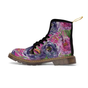 Pink Floral Rose Women's Boots, Flower Print Hiking Combat Laced-Up Winter Boots For Ladies