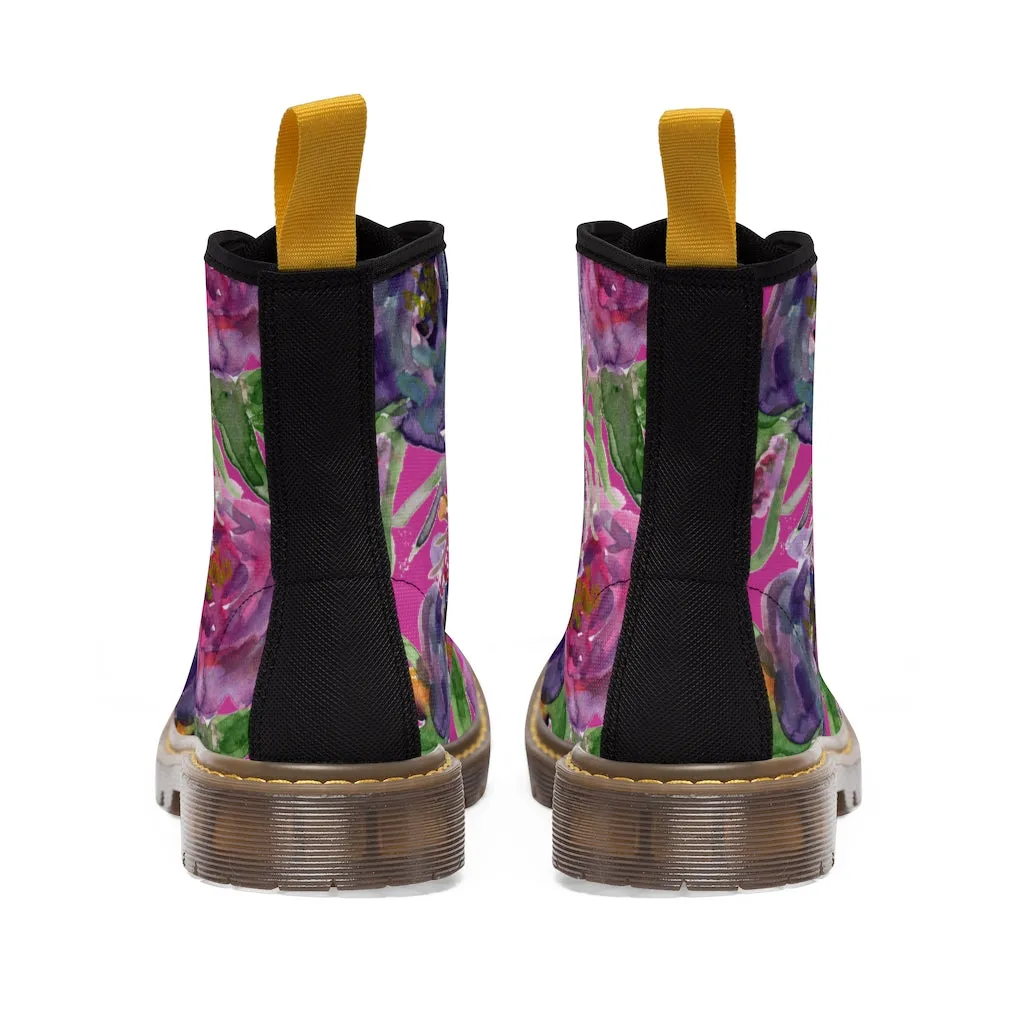 Pink Floral Rose Women's Boots, Flower Print Hiking Combat Laced-Up Winter Boots For Ladies