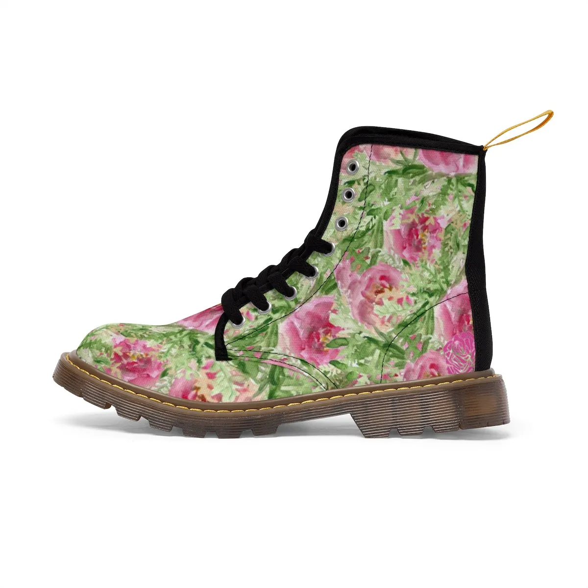 Pink French Rose Women's Boots, Floral Print Winter Lace-up Toe Cap Hiking Boots Shoes