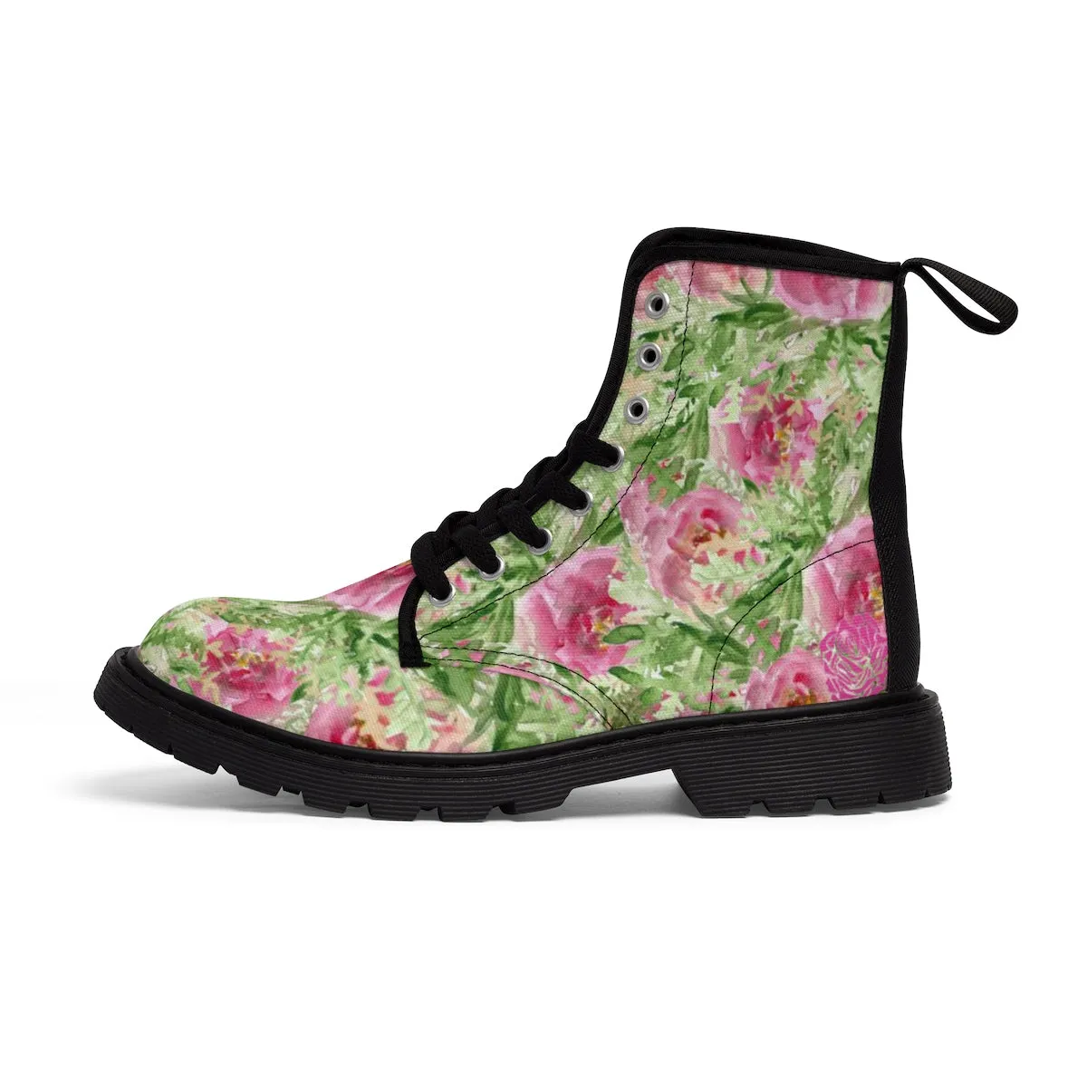 Pink French Rose Women's Boots, Floral Print Winter Lace-up Toe Cap Hiking Boots Shoes