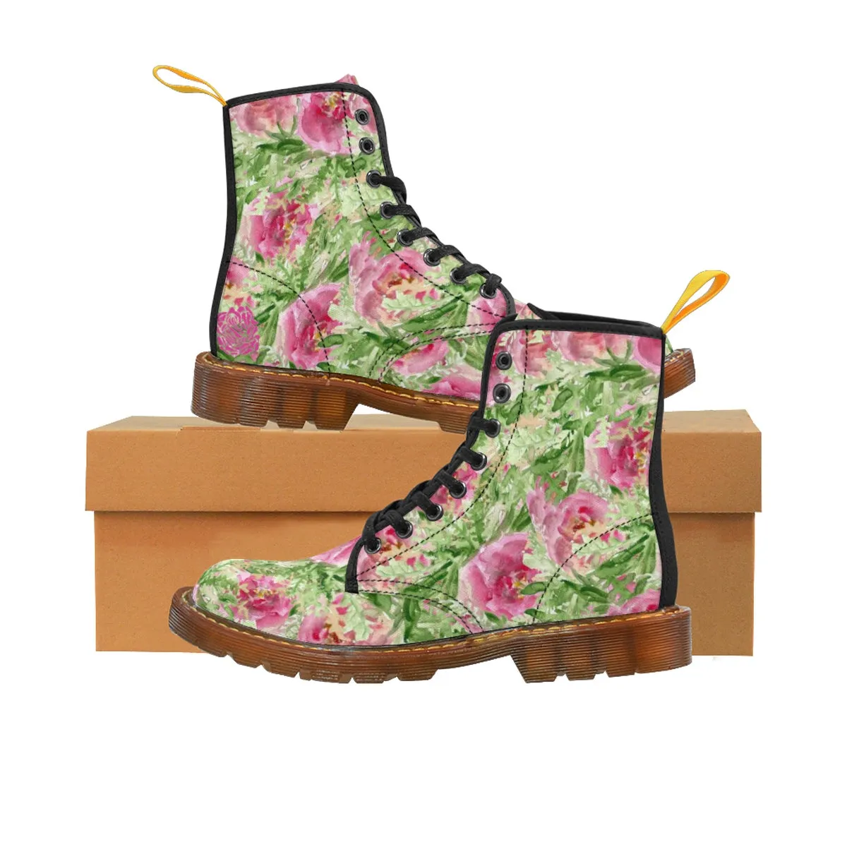 Pink French Rose Women's Boots, Floral Print Winter Lace-up Toe Cap Hiking Boots Shoes