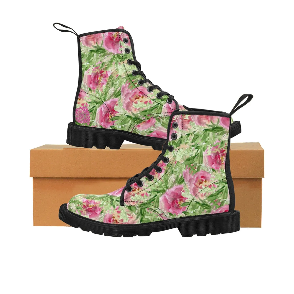 Pink French Rose Women's Boots, Floral Print Winter Lace-up Toe Cap Hiking Boots Shoes