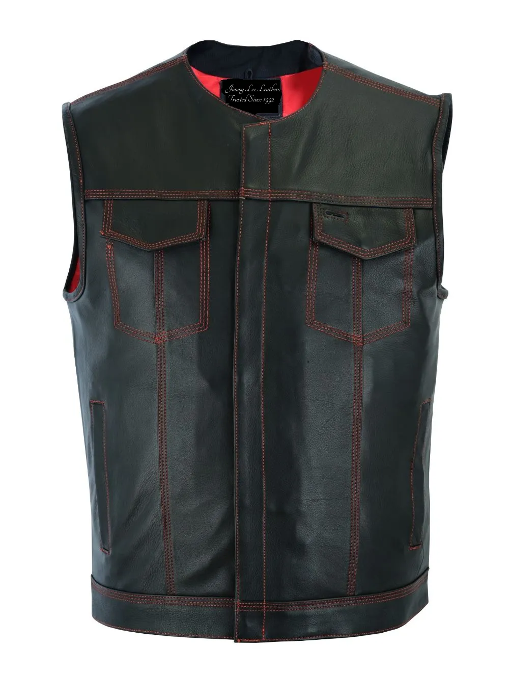 Riders Triple Red Thread Club Vest, Concealed Gun Pockets, Red Lining by Jimmy Lee Leathers