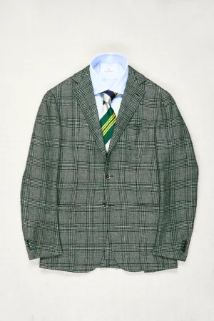 Ring Jacket Green Prince of Wales Check Wool/Linen/Silk/Cashmere Sport Coat