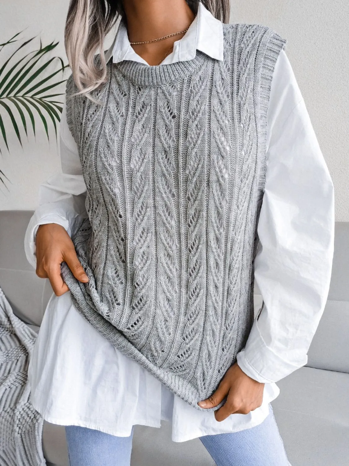 Round Neck Openwork Capped Sleeve Sweater Vest